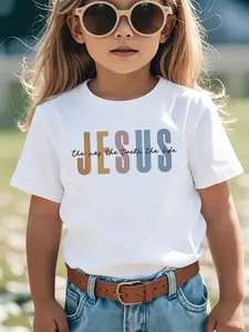 Girls' Jesus Way T-Shirt, Faith Slogan Colorblock Print, Comfortable Kids Tee, Trendy Healing Style, Soft Fabric, Casual Clothing