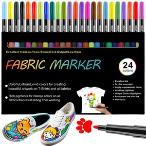 24 Colors Fabric Markers Permanent Drawing Markers For Clothes,Waterproof & Machine Washable, No Bleed Pens for T-Shirt, Canvas Shoes, Bags, Pillowcase, Fine Tip Clothing Markers for Laundry Marker