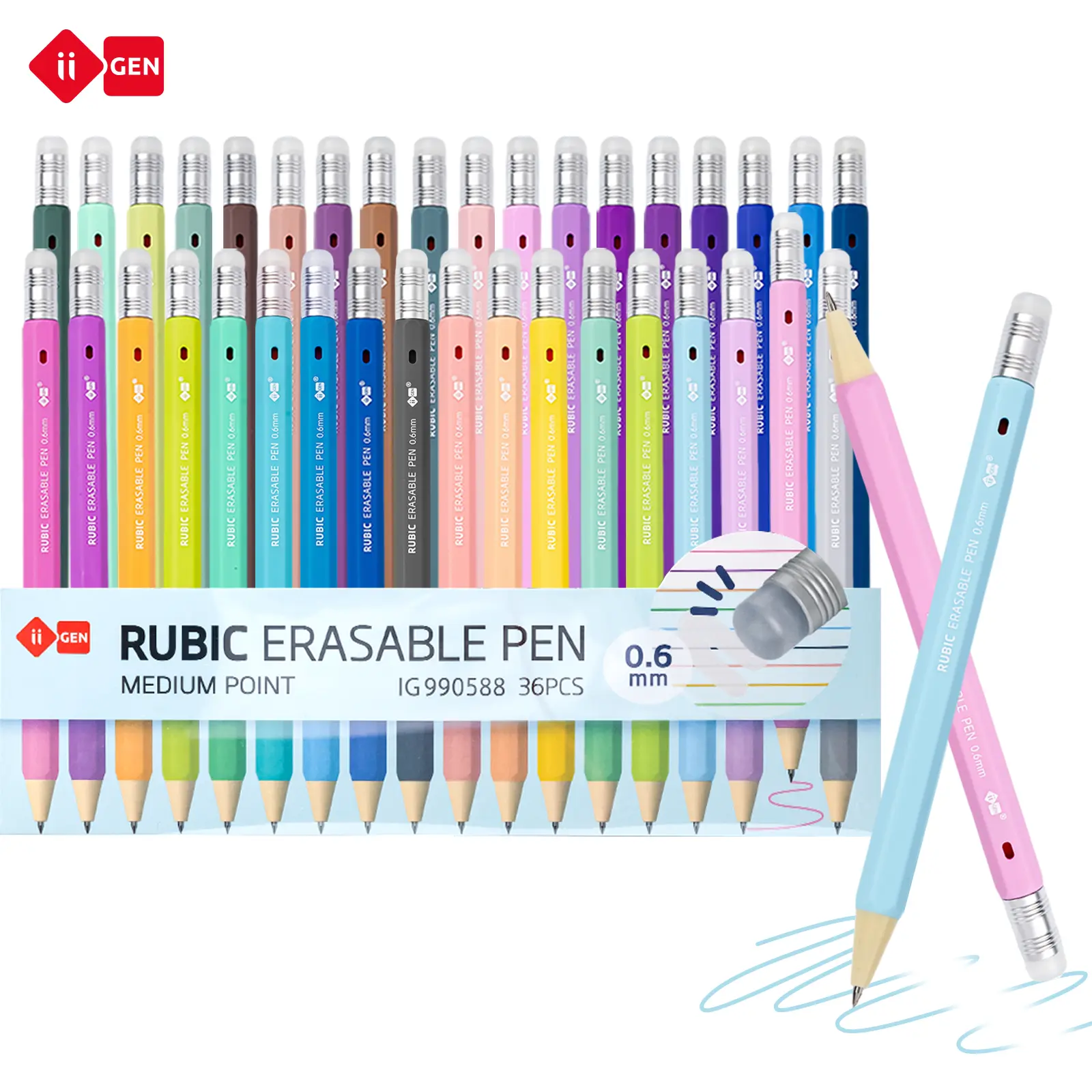 iiGEN RUBIC 36-Color Erasable Gel Pens Set - 36 Stunning Shades, 0.6mm Retractable, Heat-Sensitive Ink, Smooth Writing, Ergonomic Hexagonal Grip, Office Stationery Supplies, School Supplies for Artists, Journaling