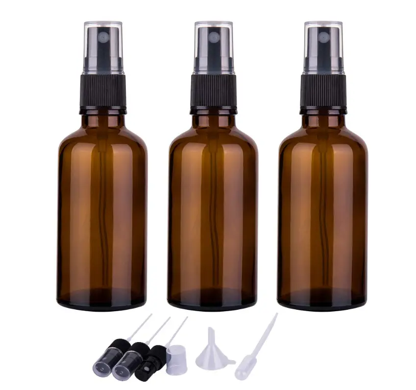 Fine Mist Spray Amber Glass Bottles for Essential Oils, Small, 2oz (Set of 3) Tin Canister Organiser