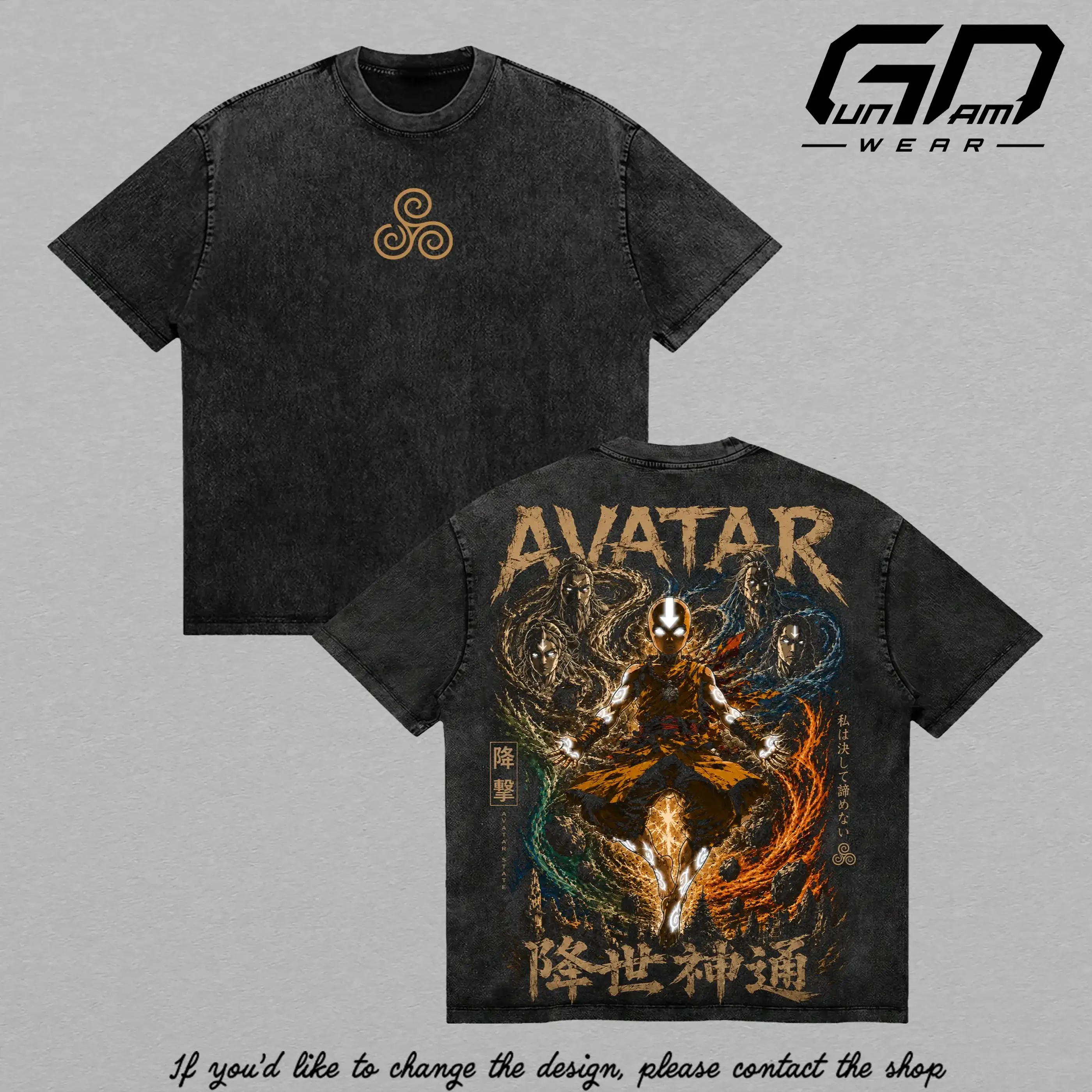 Avatar The Last Airbender Aang Waterbending Moon Spirit Vintage Washed T-Shirt Heavyweight Cotton Oversized Anime Streetwear Graphic Tee