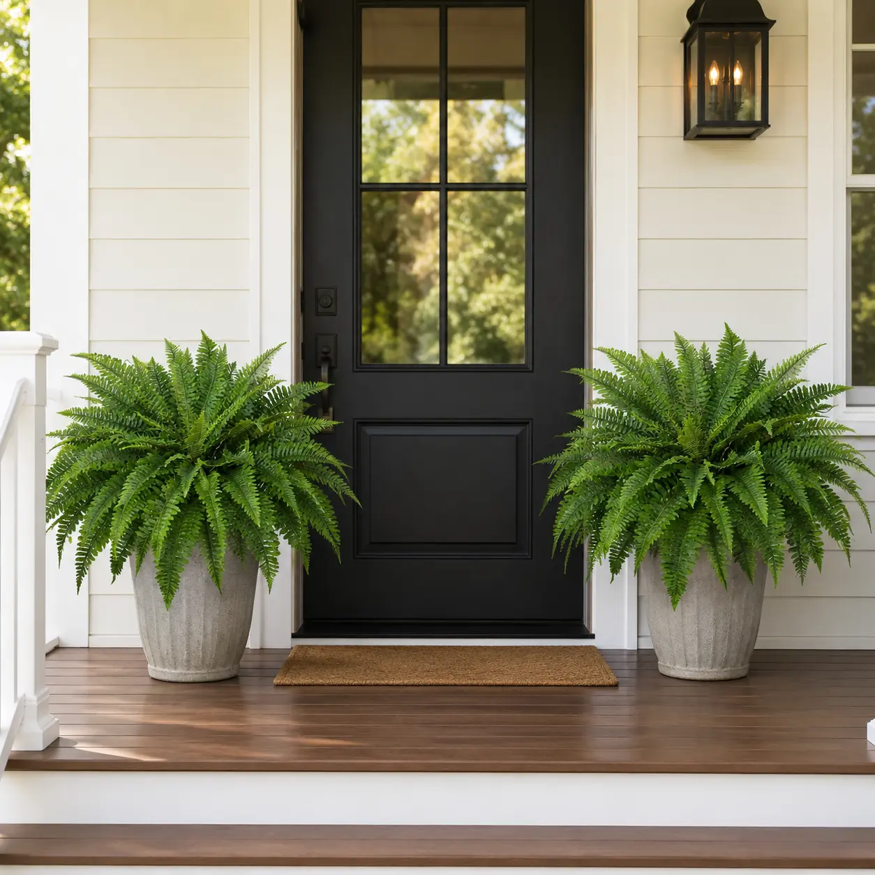 UV-Resistant Artificial Boston Fern Plant, Low-Maintenance All-Weather Faux Greenery Bush for Porch Patio Decor, Outdoor Planters Front Door Home Supplies Plants