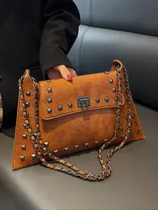 Niche retro design cool rivet chain bag, old leather texture, personalized shoulder crossbody bag, Crossbody Purse, with multiple colors to choose from, a must-have for punk style street style