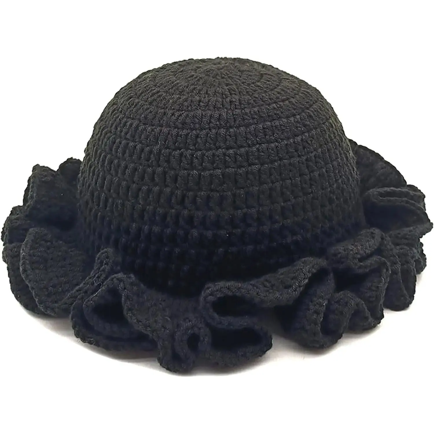 Women Crochet Bucket Hat Cute Winter Ruffled Brim Floppy Cap  display picture 3