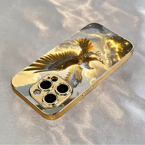 Preferred High-Quality Ultra-Clear Electroplated Gold Tempered Glass Eagle Spreading Wings Flying Pattern Phone Case Full Coverage Straight Edge Anti-Fall Durable Anti-Fingerprint Layer Design Protects Phone Ultra-Thin Bare Metal Texture Makes Hand Feel M