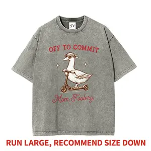 Men's Pure Cotton Funny Duck Off To Commit Mom Foolery Meme T-Shirt - Round Neck, Short Sleeve, Casual, Heavyweight Boxy Oversized Vintage Washed, Chic All-Seasons Graphic Motherhood Humor Top for DIY Projects