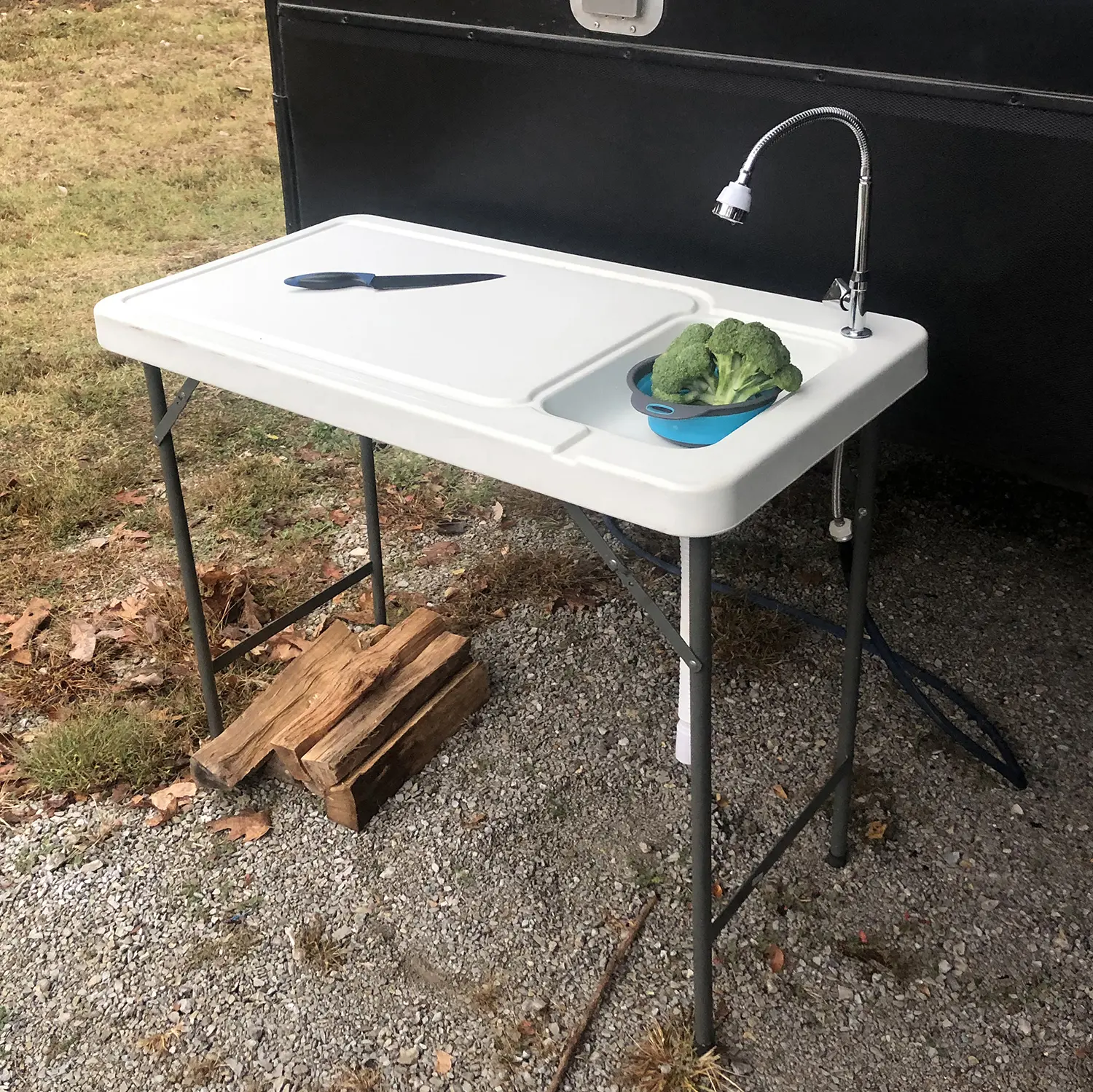 SPORTSMAN SERIES Sturdy Fish Cleaning Table - Portable Foldable Plastic Station with Dual Function Faucet Sink, 240lb Capacity, 44"x23.5"x37" Size, Garden Hose Hook Up for Camping, Easy Food Preparation