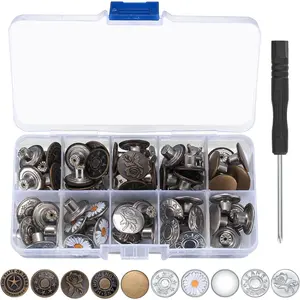 50 count Jean Buttons Replacement Kit, 17mm Metal Snap Denim Buttons for Pants, Jeans & Suspenders, 10 Styles