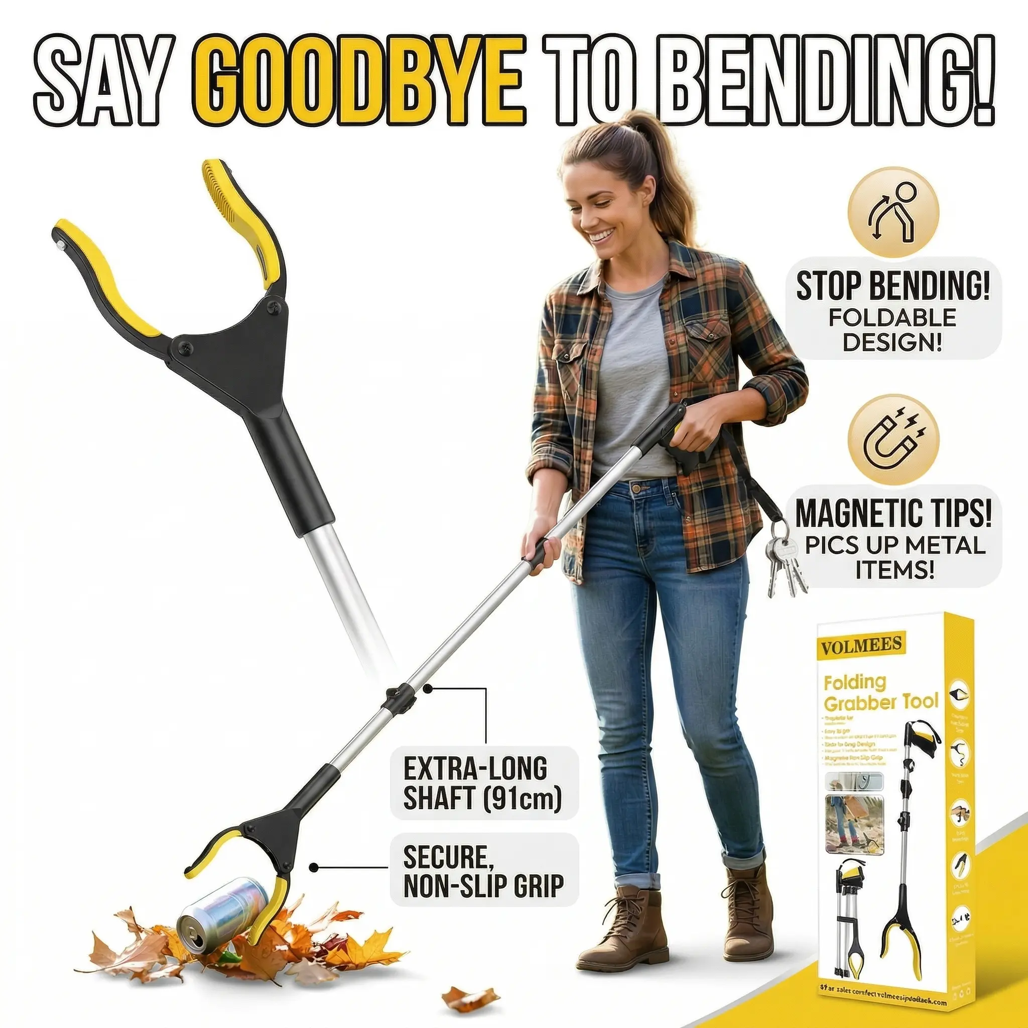 1pcs 43 Inches Extra Long Grabber Tool-Volmees Grabbers Grab it Reaching Tool with Anti-Drop Cord, 4" Wide Claw Open Reacher Trash Grabber Pickup Tool 360° Rotating Jaw +Magnets, Heavy Duty Foldable Grabber