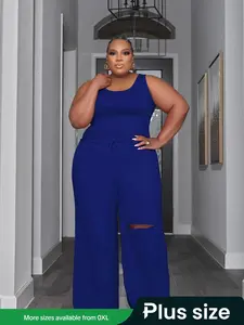 Plus Size Solid Tank Top & Elastic Waist Cut Out Wide Leg Pants Set, Casual Minimalist Scoop Neck Sleeveless Top & Drawstring Waist Trousers, Women's Two-piece Outfits for Summer, Womenswear, Casual Matching Set, Casual Lounge Set, Clothes