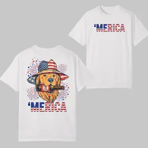 [100% Cotton] Merica Dog 2-Sided T-Shirt, Funny Patriotic Golden Retriever Graphic Tee, 4th of July American Flag Back Print Shirt, Summer Casual Streetwear Top