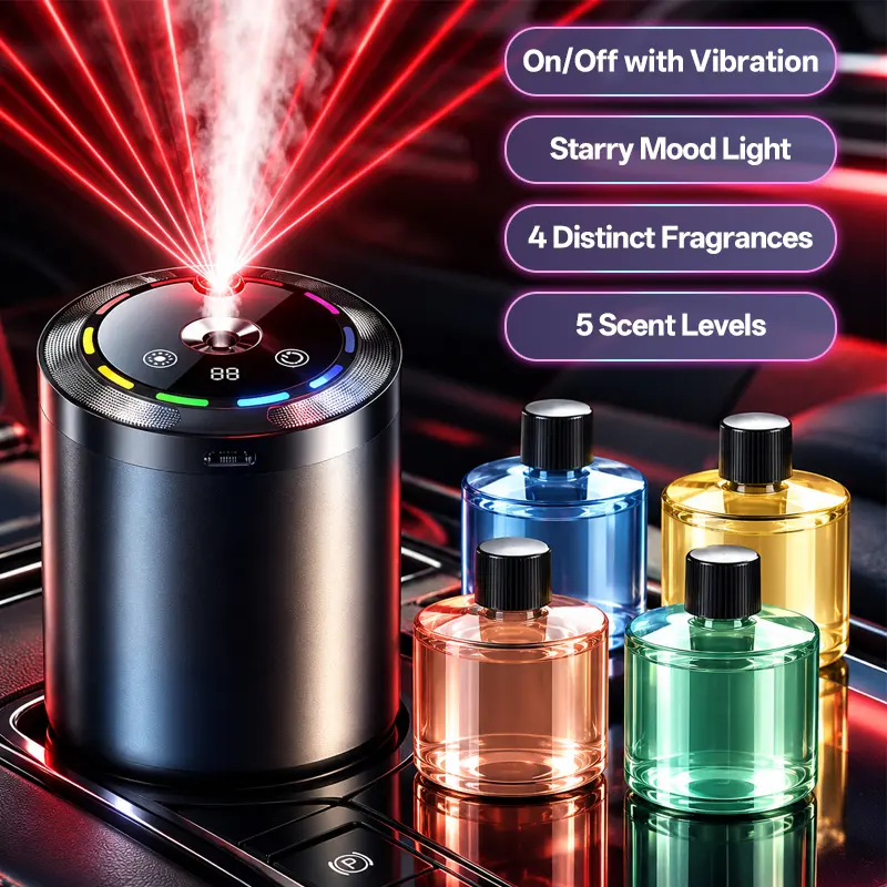 Car Air Freshener Diffuser with with 4 Perfume Bottles,Rechargeable RGB Leds, 5-Level Fragrance Control, Auto On/Off Lighting, Multi-Mode Ambient Glow, Built-In HD Digital Display, Cell-Powered Car Light Embellishments Interior Accessory, Holiday gift