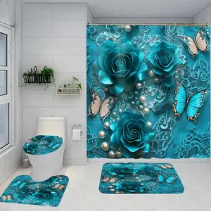 1/4 piece artistic blue rose design bathroom set, including soft floor mat, toilet seat cushion, shower curtain, creating elegant decoration, home decoration, floor mat with good rebound, water absorption, anti slip, preferred for gift giving