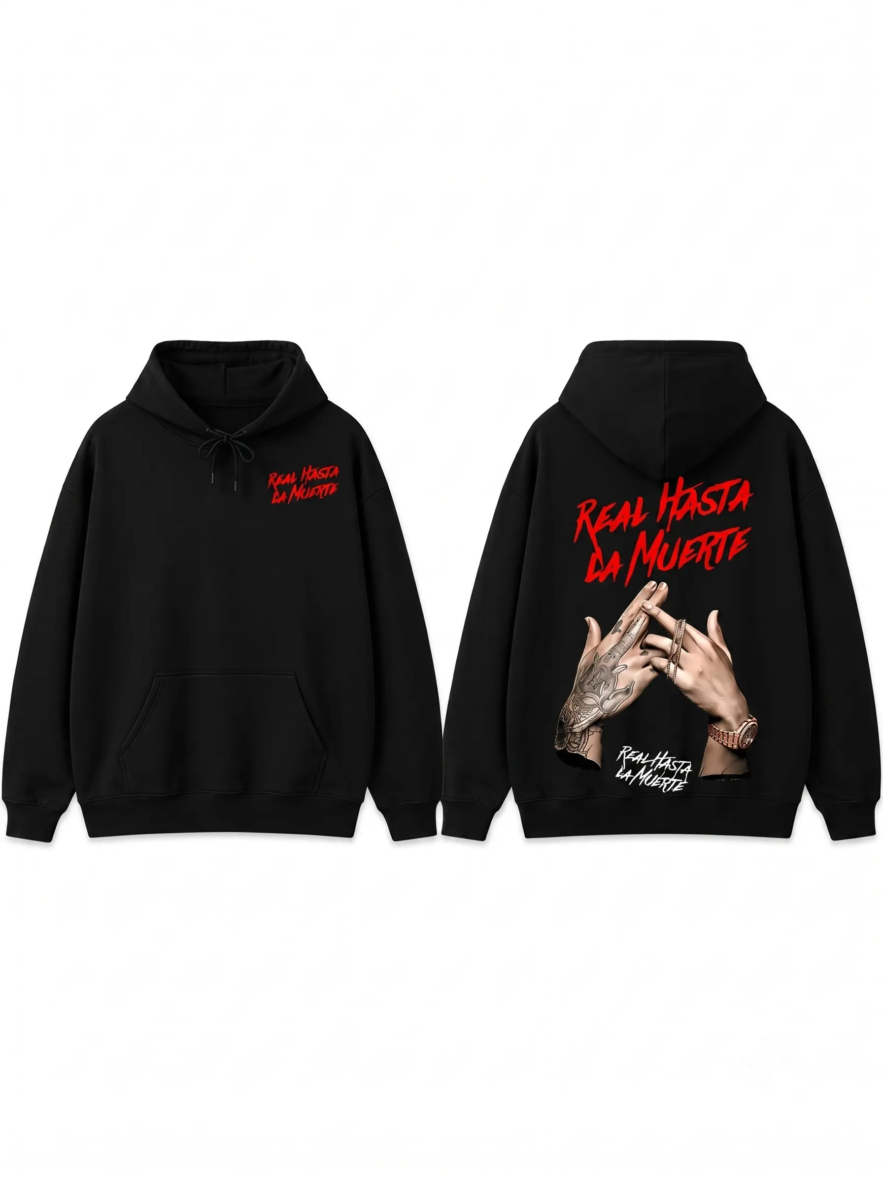 Men's Unisex Graphic Pullover Hoodie Sweatshirt - Soft Long Sleeve Loose Streetwear Garment with 'Real Hasta La Muerte' Tattooed Hands Print, Customized Relaxed Fit Casual Crewneck Top