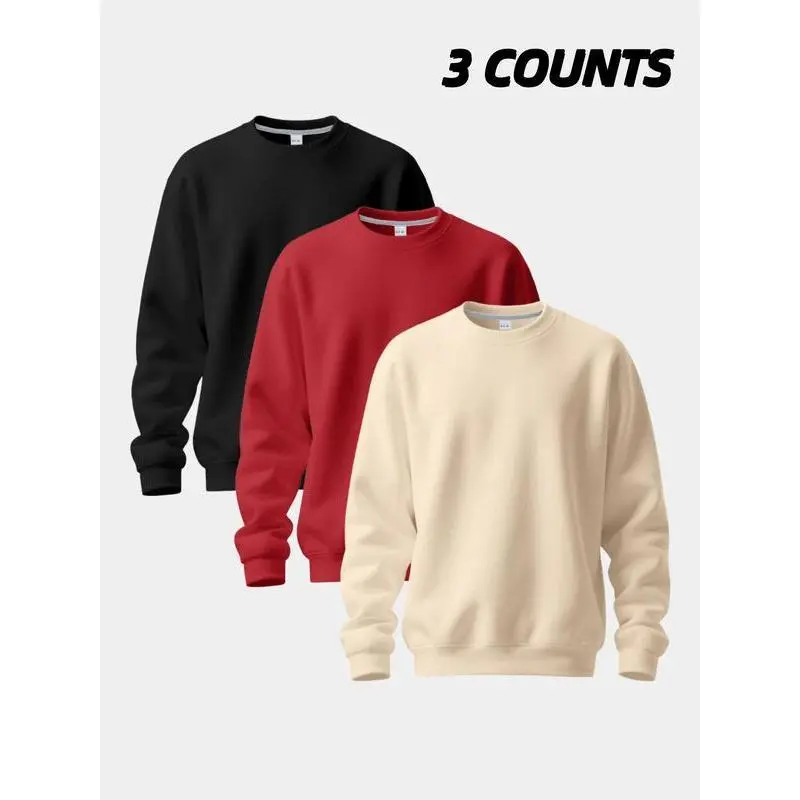 2025Men's 3 Pack Crew Neck Sweatshirts, Soft Fleece Casual Pullover Set, Classic Solid Color Long Sleeve Tops for Daily Wear, Workout & Layering 2025Men's 3 Pack Crew Neck Sweatshirts, Soft Fleece Casual Pullover Set, Classic Solid Color Long Sleeve Tops for Daily Wear, Workout & Layering