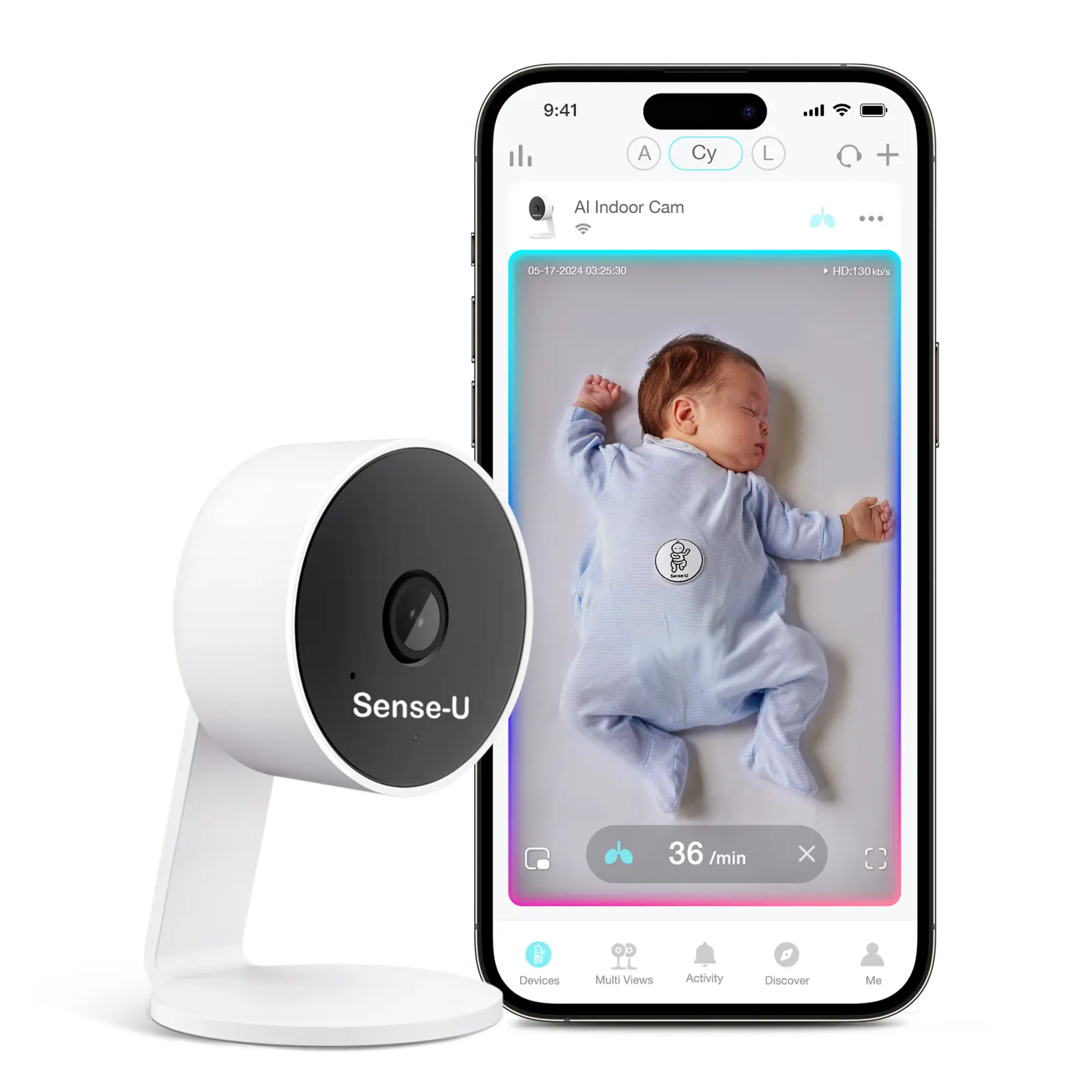 Sense-U AI Baby Camera Monitor with Sensor-Free Sleeping Movement Detection, Smart Security Indoor Video Camera with Background Audio, Sound Detection, No Monthly Fee, for Peace of Mind