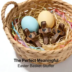 3Pcs Handmade Olive Wood Comfort Holding Cross with Black Heart Inlay Smooth Polished Palm Prayer Cross for Stress Relief Religious Gifts for Easter Basket Stuffers Christian Faith Spiritual Encouragement Comforting Pocket Cross Set