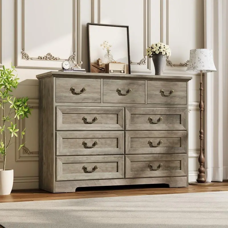 Dark Rustic Oak 9-Drawer Dresser, 47in Wide Vintage Wood Chest with Natural Texture & Vintage Gold Floral Handles, Farmhouse Storage Organizer for Bedroom, Living Room