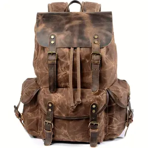 [Vintage Leather Backpack] Leather Vintage Men's Backpack | Waxed Canvas Shoulder Bag for Travel, Casual Laptop Bag bag  gu  back  pack