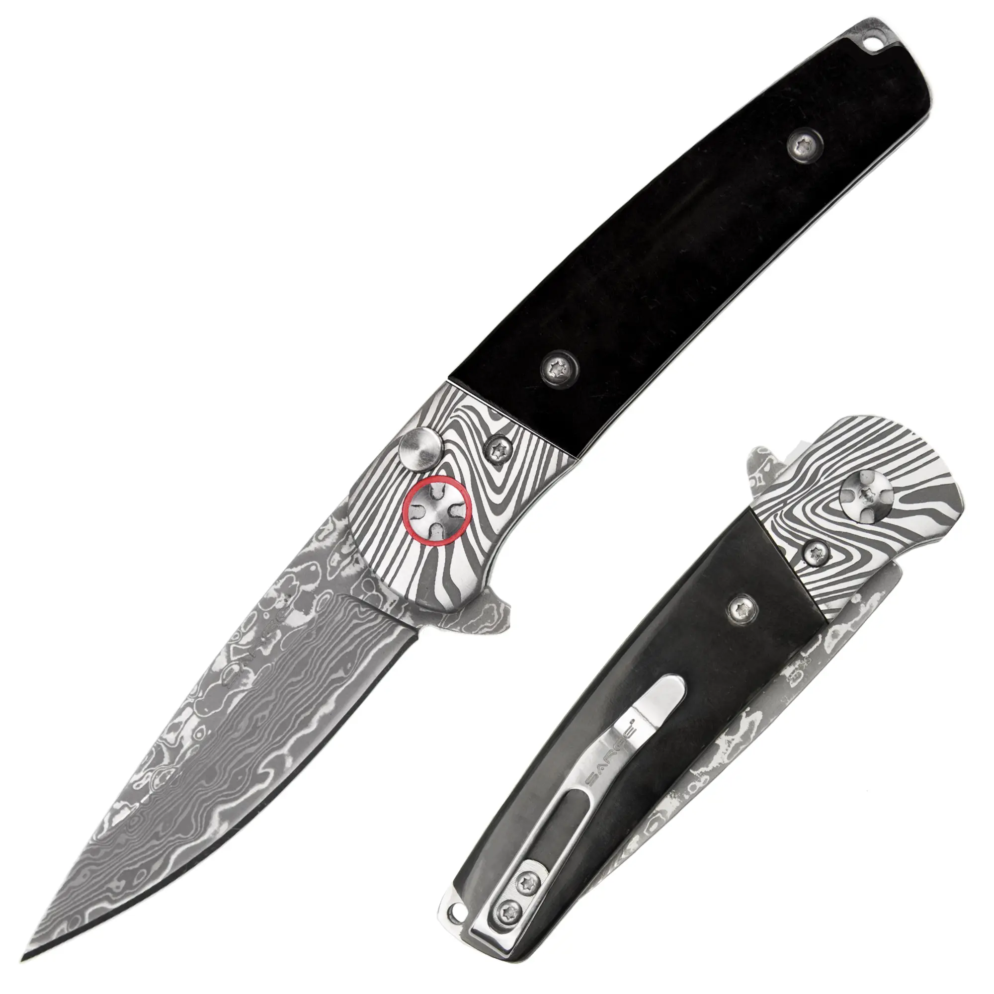 Sarge Knives Falcon Damascus Folding Pocket Knife - Buffalo Horn Handle, Ideal for Camping & Hiking