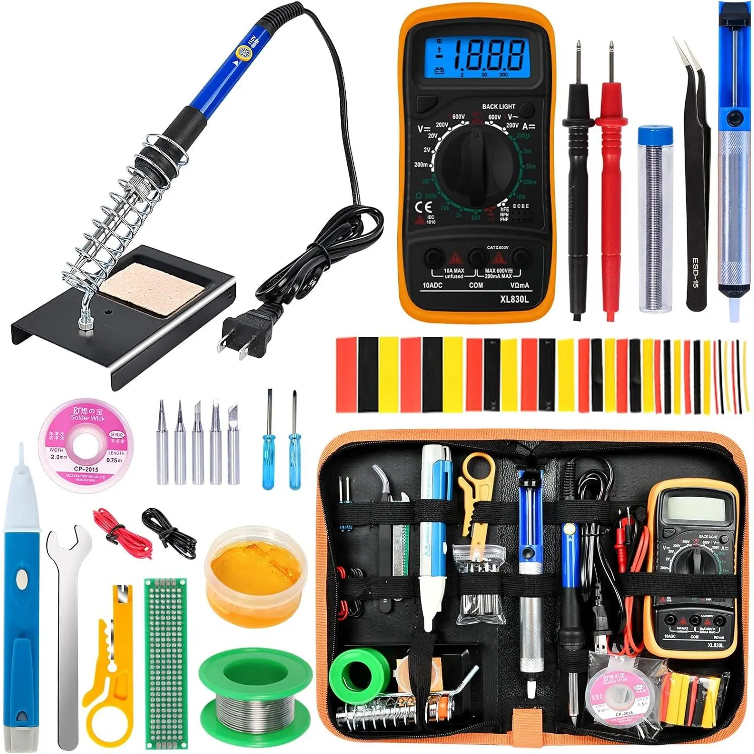 Swiilpo Soldering Iron Kit, 60W Adjustable Temperature, Digital Multimeter, 5pcs Soldering Tips, Wire, Stand, Desoldering Pump, Solder Wick, Tweezers, Welding ToolQuesear