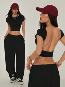 Women's Black Solid Backless Cap Sleeve Crop Top 2026 Y2K Retro Slim Fit Stretchy Open Back Basic Baby Tee Casual Streetwear Summer Daily Trendy Outfits Womenswear Viral TikTok Made Me Buy It