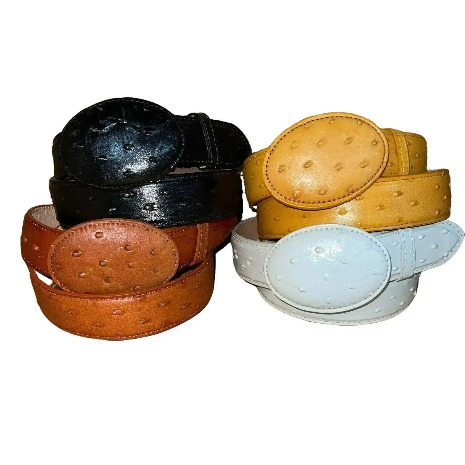 Men's Western Cowboy Genuine Cow Leather Ostrich Print Belt Round Buckle Cinto Avestruz Hebilla Redonda