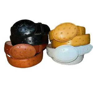Men's Western Cowboy Genuine Cow Leather Ostrich Print Belt Round Buckle Cinto Avestruz Hebilla Redonda