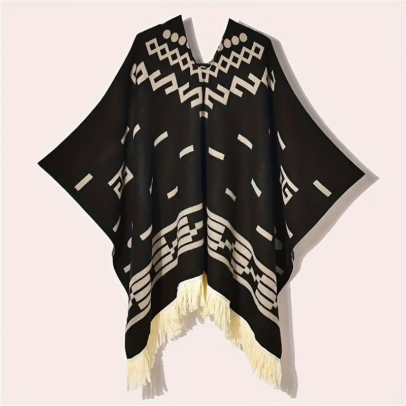 MARRYHAPPY Men's Vintage-Style Warm Poncho - Lightweight Acrylic Mix-Polyester Blend Cape, Geometric Pattern, Tassel Detail, Male Wear Vintage Shawls for Winter Outdoor Adventures, Casual Elegant Wrap