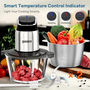 Ganiza Food Processor with 8 Cup Glass Bowls & 8 Cup Stainless Steel 2-Speed Food Chopper Meat Grinder Upgraded Button & Smart Overheat Protection Light - Includes Clean Brush 2 Sets of Blades Kitchen Vegetable Slicer Vegetable Cutter
