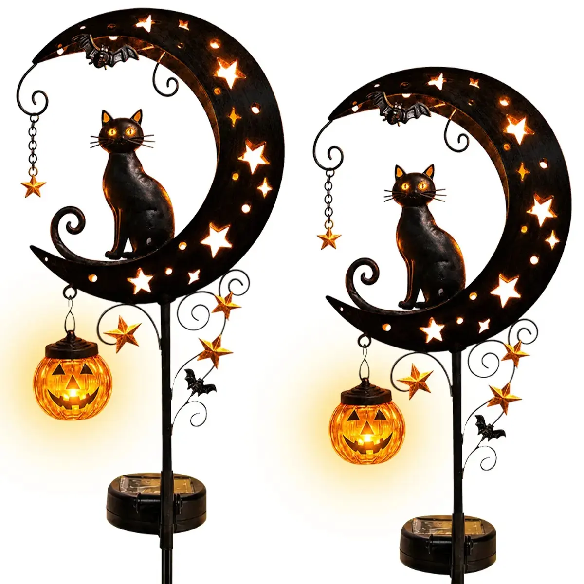 2026 Solar Halloween Black Cat Pumpkin Garden Stake Light - Waterproof Outdoor LED Decor, Crescent Moon Accent, Auto On/Off Function