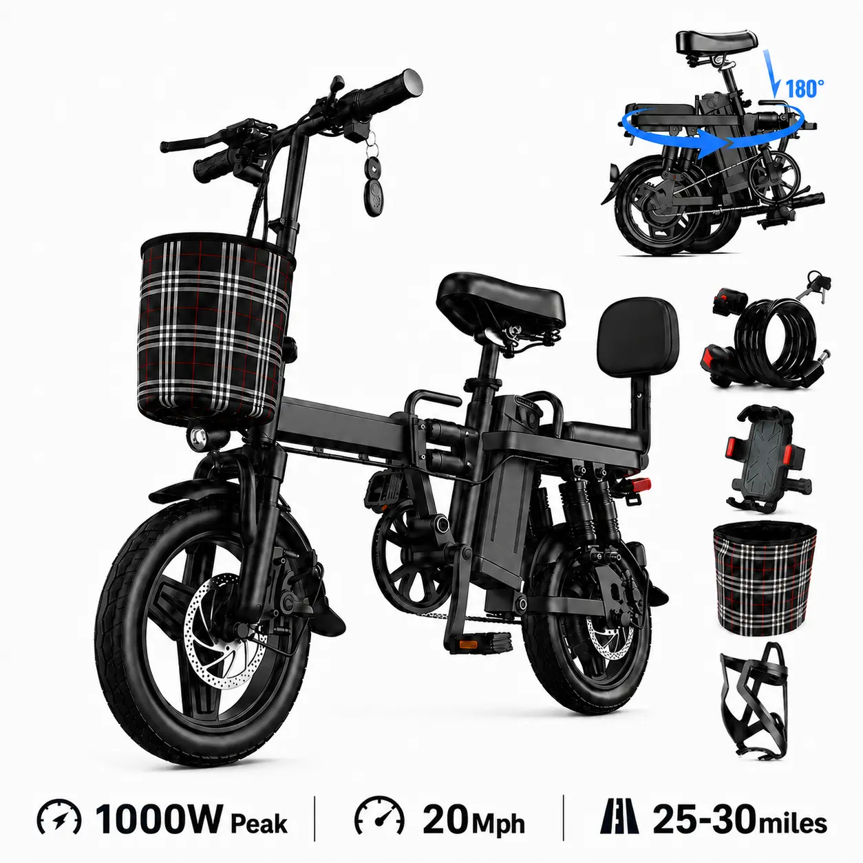 Commute Folding Electric  for Adults, 1000W Peak Motor,20MPH Top Speed, 30+ Miles Range,14" Ebike, Removable 48V Battery, Multi Shock Absorber, 330LBS Load, UL 2849 Certified, Full Accessories: Basket, Phone Mount, Lock, Rear Backrest compact bike
