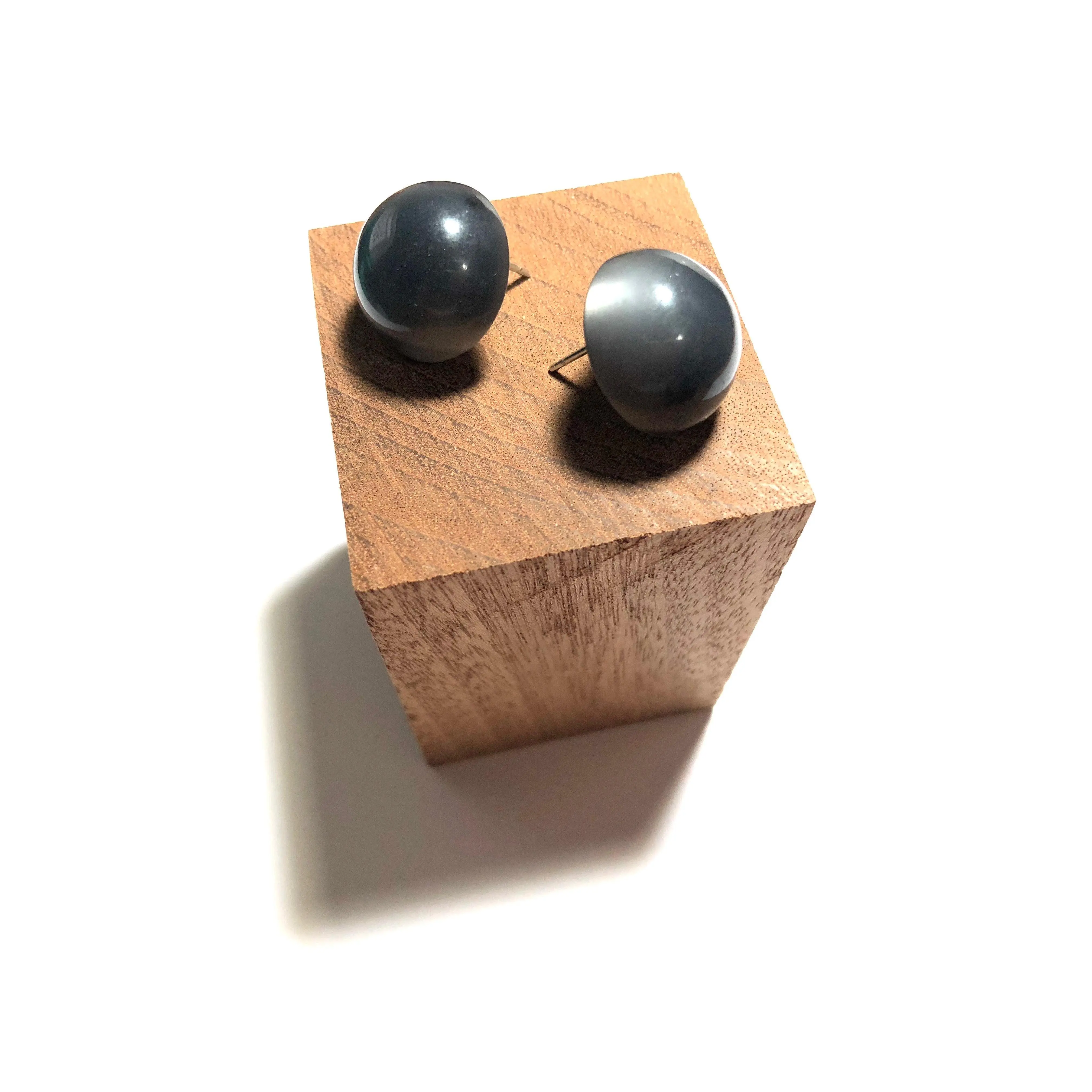 Charcoal Grey Moonglow Retro Button Stud Earrings