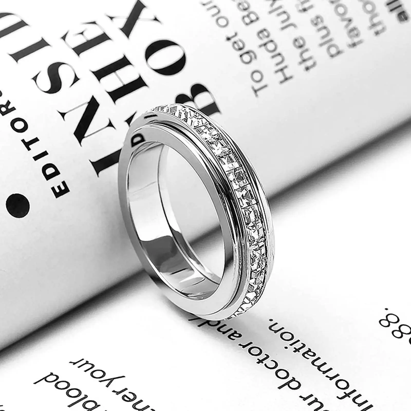 Hypoallergenic Titanium Steel Zircon Rotating Ring - Elegant Modern Unisex Artificial Gemstone Jewelry, Stress-Relieving Accessory for Anniversary, Available in Multiple Sizes