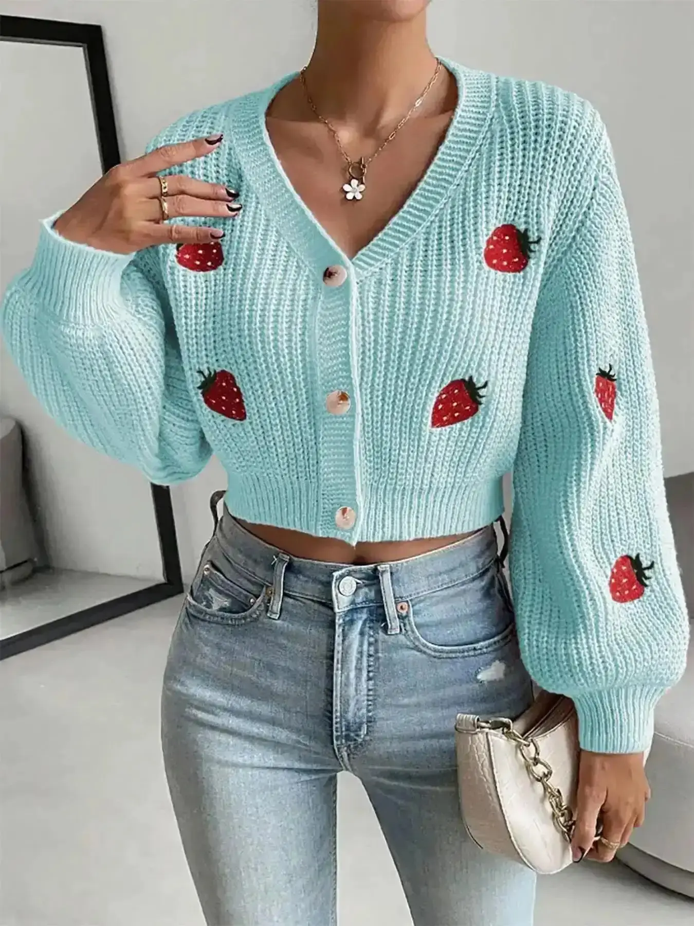 Women's Strawberry Embroidery Button Front Crop, Casual Drop Shoulder Long Sleeve V Neck Knitwear Fit Medium for Fall & Winter, Fashion Ladies' Knitting Clothing Tops for Daily Wear, pink, Lightweight, Warm