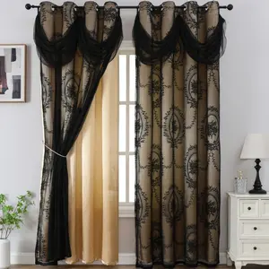 1pc Luxury double layer jacquard blackout curtains with valance, Flower Embroidery Lace Privacy Curtain, Light Filtering Door Curtain for Home Party Room Home Decor, Bedroom Decor, Interior Decoration Accessories, Window Curtain, Bedroom Curtains Arch
