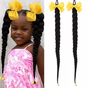 Children's wig braids, double braids, artificial long braids, bow ponytail, African style,Mother's Day gifts, Dolly Day gifts deep wave