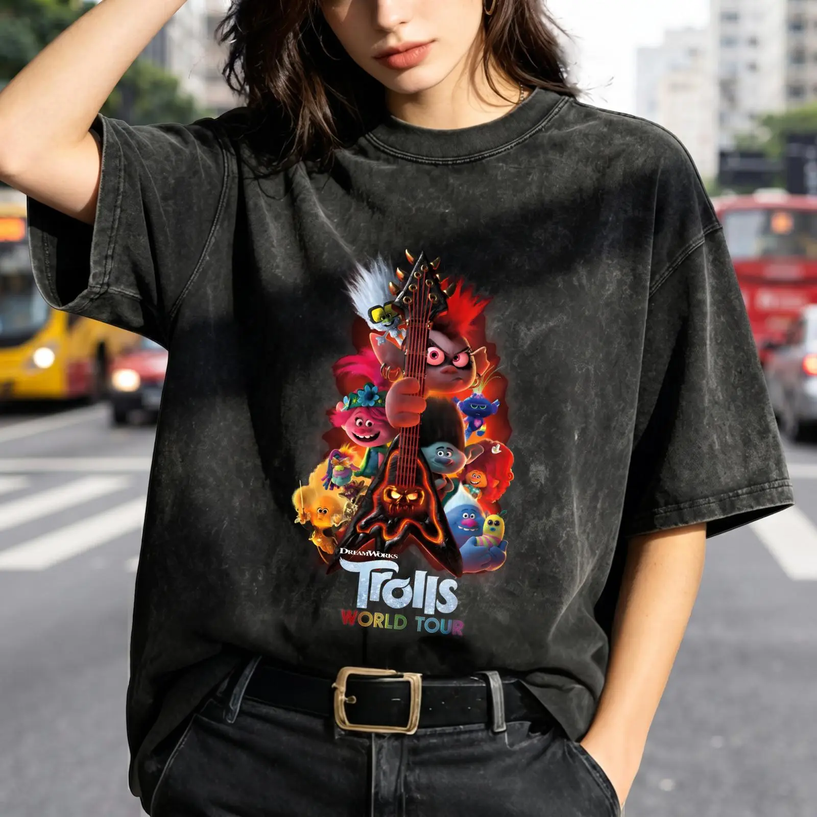 Women's Trolls World Tour Vintage Washed Oversized Graphic T-Shirt - Short Sleeve, Breathable, Soft Tops, Movie Poster Print, Outdoor Casual, Love-Themed