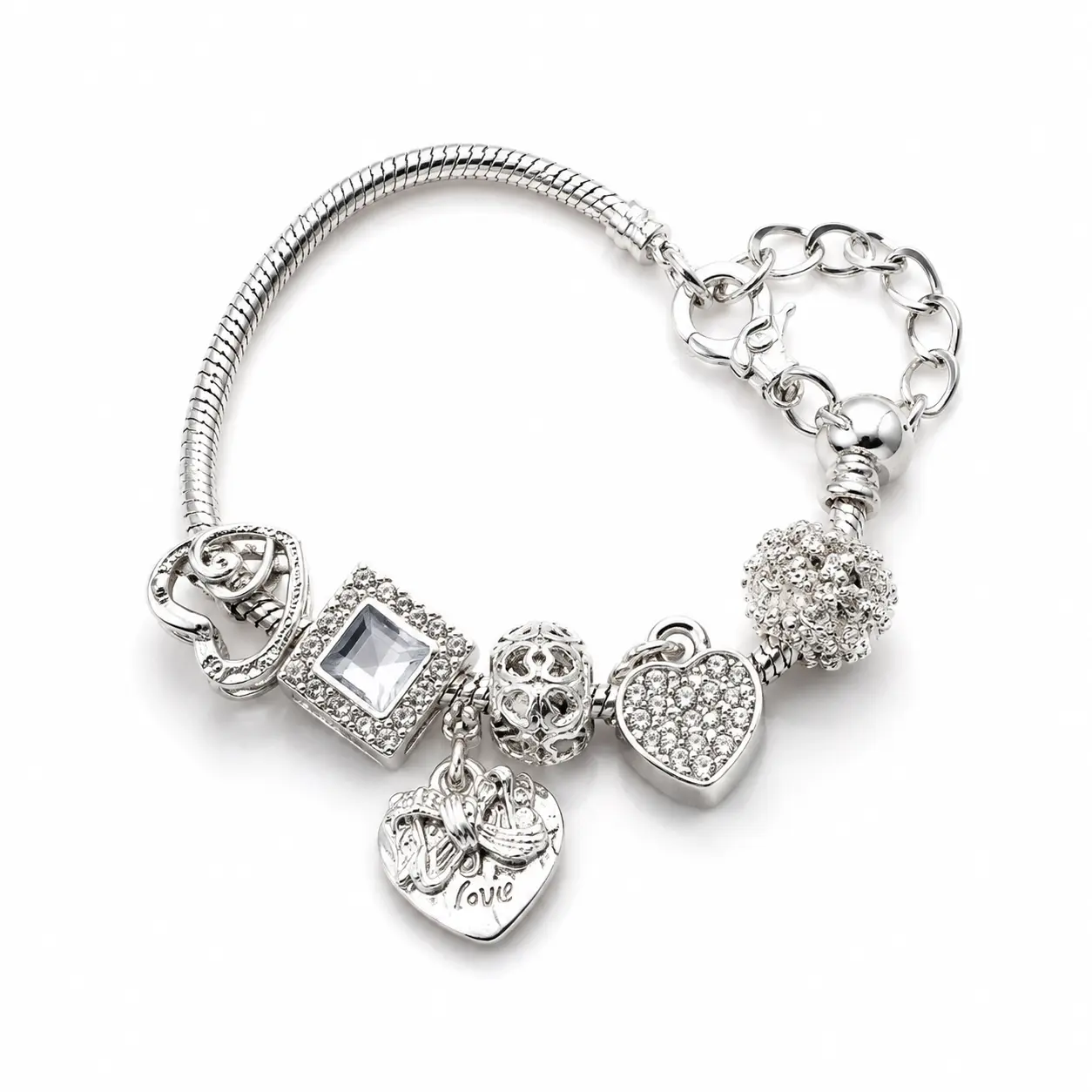 Vintage Silver Charm Bracelet with Retro Crystal Heart Charm, Crystal Accents, Female Jewelry for Everyday Wear, Cute Gift for Women
