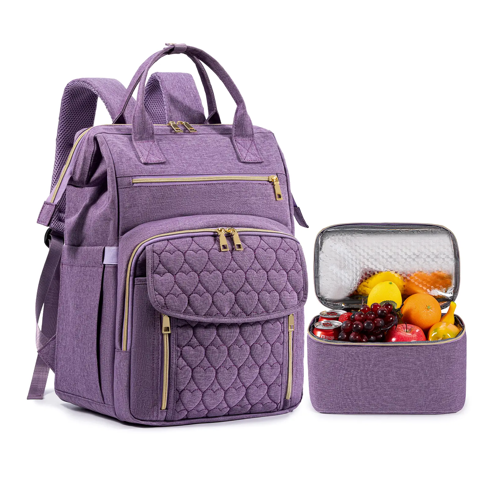 Adults' 2-Piece High-Capacity Lightweight Lunch Backpack Set - 15.6-Inch Oxford Cloth Laptop Daypack, Matching Insulated Cooler Bag, Zip Closure, Heart Pattern, Multi-Pocket for Work/Travel, Multi-Function, Insulated Bags, Cooler Backpacks, Matching Insul