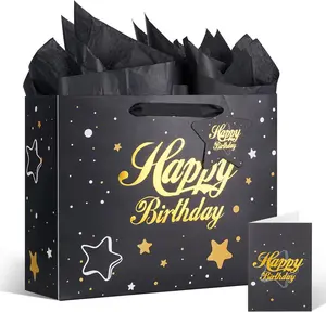 Black Birthday  Bag with Handles,Happy Birthday Bag with Tissue Paper and Greeting Card for Men,Women (13'x10.2'x4.9') Medium