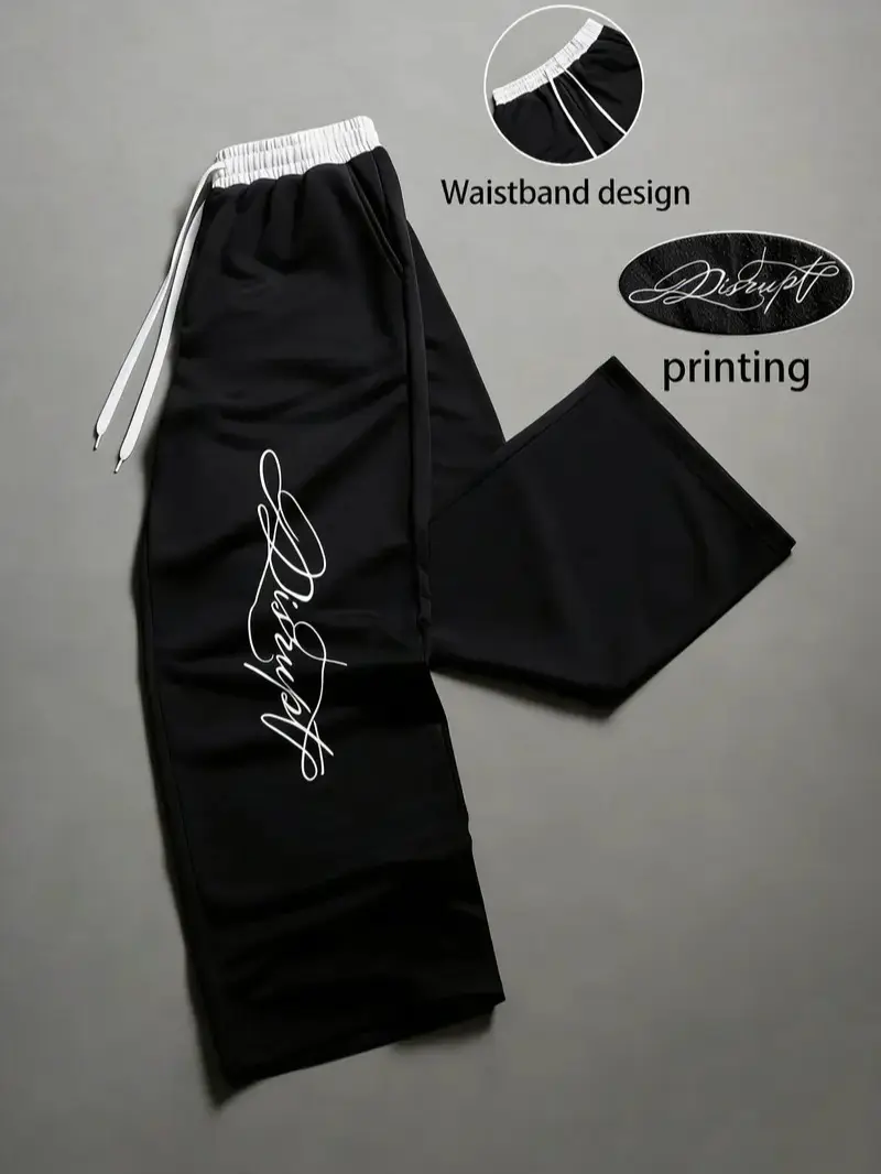Men’s color-blocked joggers with a printed waistband, straight-leg casual sweatpants featuring an elastic drawstring and a fluid drape; suitable for streetwear, everyday commuting, light workouts, and trendy outfits.