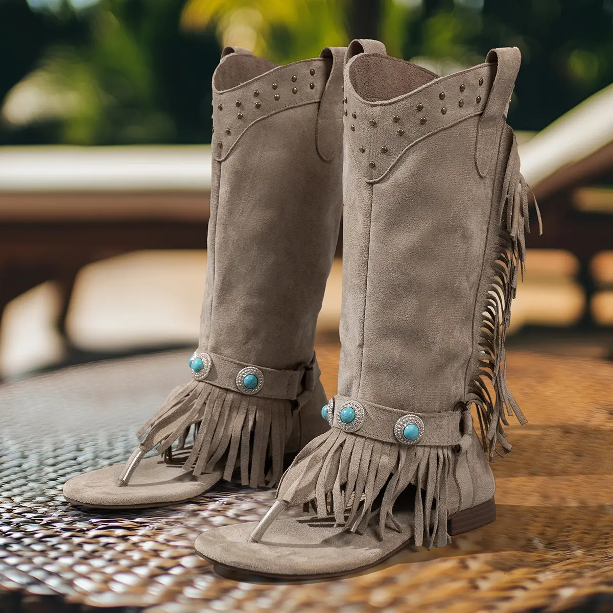 Women's Bohemian Western Ankle Boots, Faux Suede Footwear with Studs, Tassels, and Turquoise Buckle on a Chunky Heel, Shoe