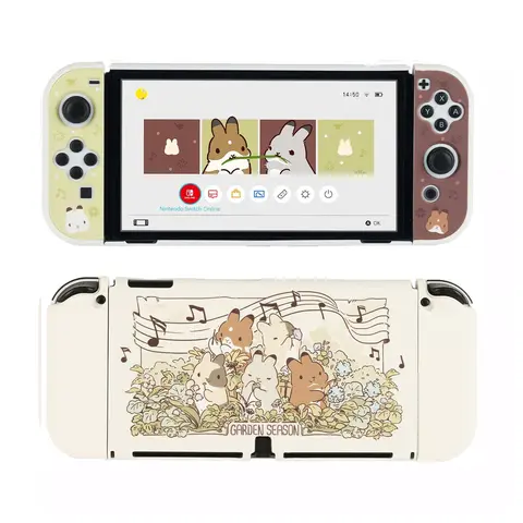 GeekShare Team Timothy Cute Bunny Garden Pattern Hard PC Protective Shell & Thumb Grip Caps for Nintendo Switch, NS OLED Slim - 1:1 Ratio, Easy Installation Gaming Accessories with Protection & Smooth Click
