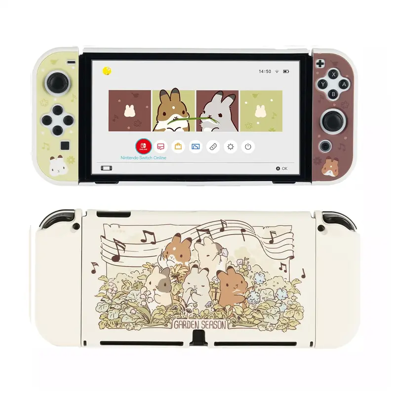GeekShare Team Timothy Cute Bunny Garden Pattern Hard PC Protective Shell & Thumb Grip Caps for Nintendo Switch, NS OLED Slim - 1:1 Ratio, Easy Installation Gaming Accessories with Protection & Smooth Click