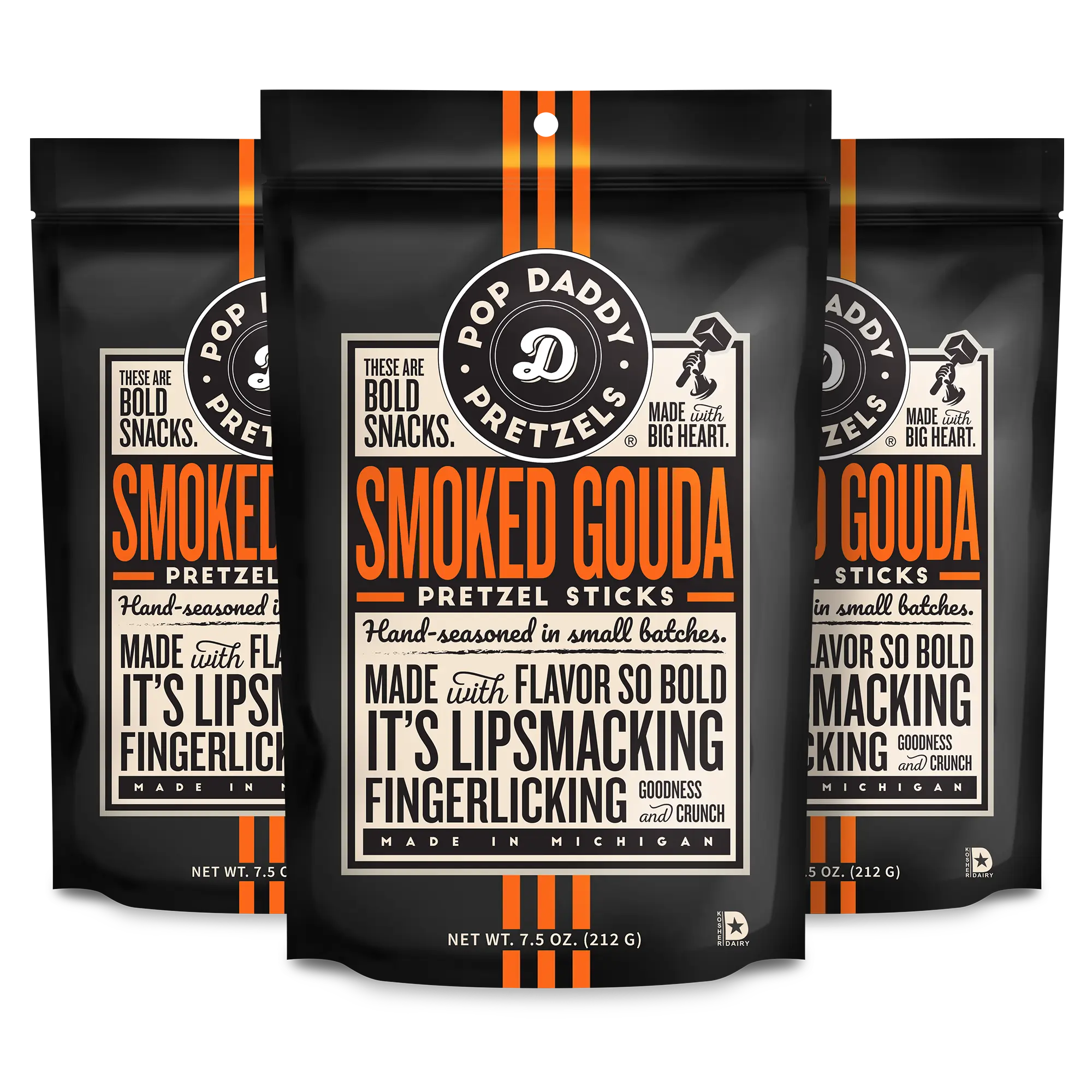 Pop Daddy Flavored Pretzels Sticks | Healthy Gourmet Pretzels Snacks | 7.5oz Individual Bags | 3 Pack | Smoked Gouda