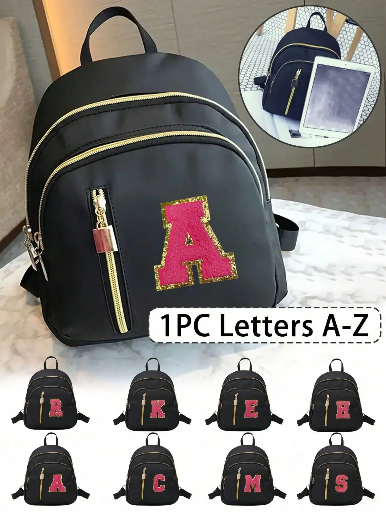 Women's nylon backpack with towel-embroidered letters A-Z, multi-functional design with zipper closure, large-capacity student bag, multi-pocket design, suitable for girls and students, can be used for school or travel, Trendy Backpack