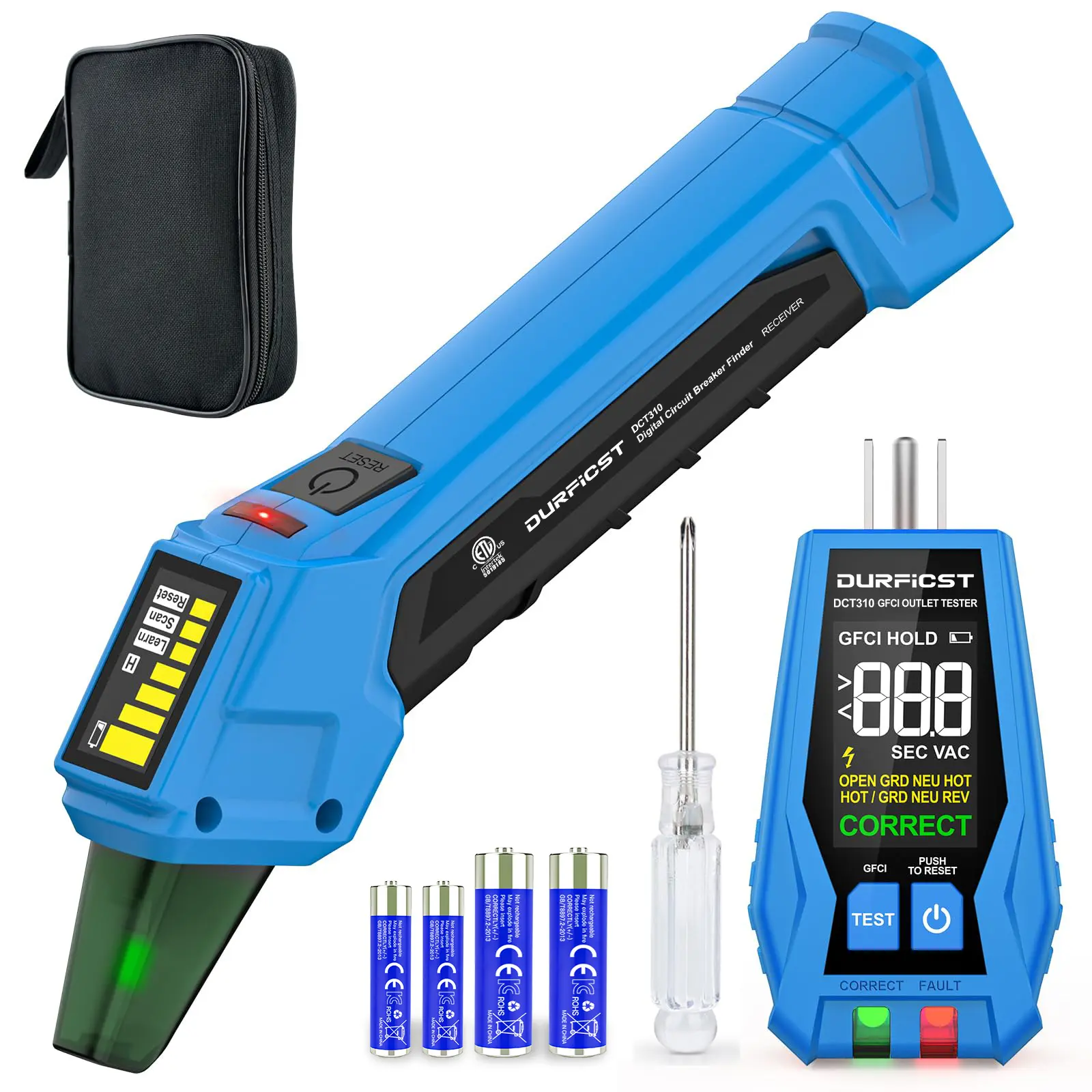 DURFICST DCT310 Circuit Breaker Finder with Integrated GFCI Outlet Tester AC 90-135V Circuit Tester with Buzzer Alarm & Color LCD Display Includes Carrying Case