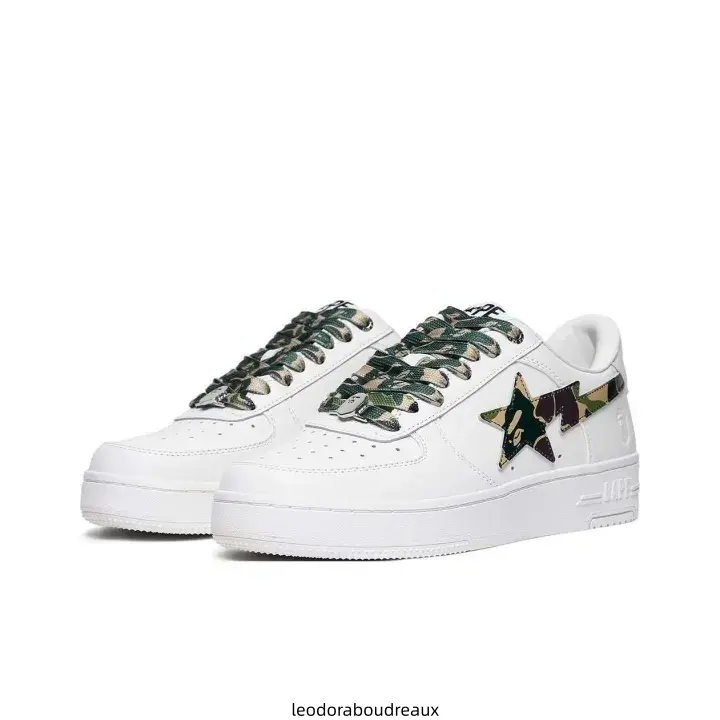 White Low‑Top Casual Sneakers, Camouflage Star Logo & Shoelaces, Smooth Leather Upper, White Midsole, White Rubber Outsole, Fashion Street Shoes For Men Women