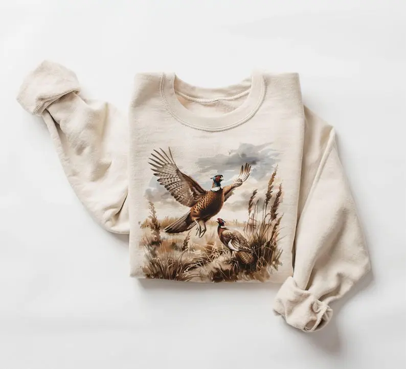Pheasant Hunting Sweatshirt, Flying Game Bird Scene Pullover, Rustic Wildlife Crewneck, Perfect Gift for Hunters and Outdoor Lovers